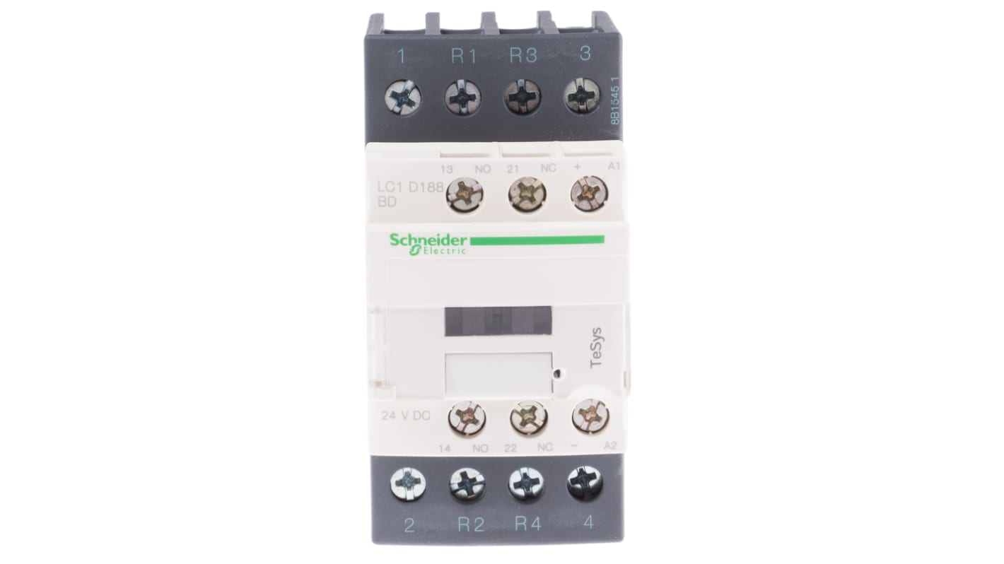 Contattore Schneider Electric LC1D188BD, 4 poli, 32 A, bobina 24 V c.c., montaggio a pannello, dimensioni 91x45x107 mm.
