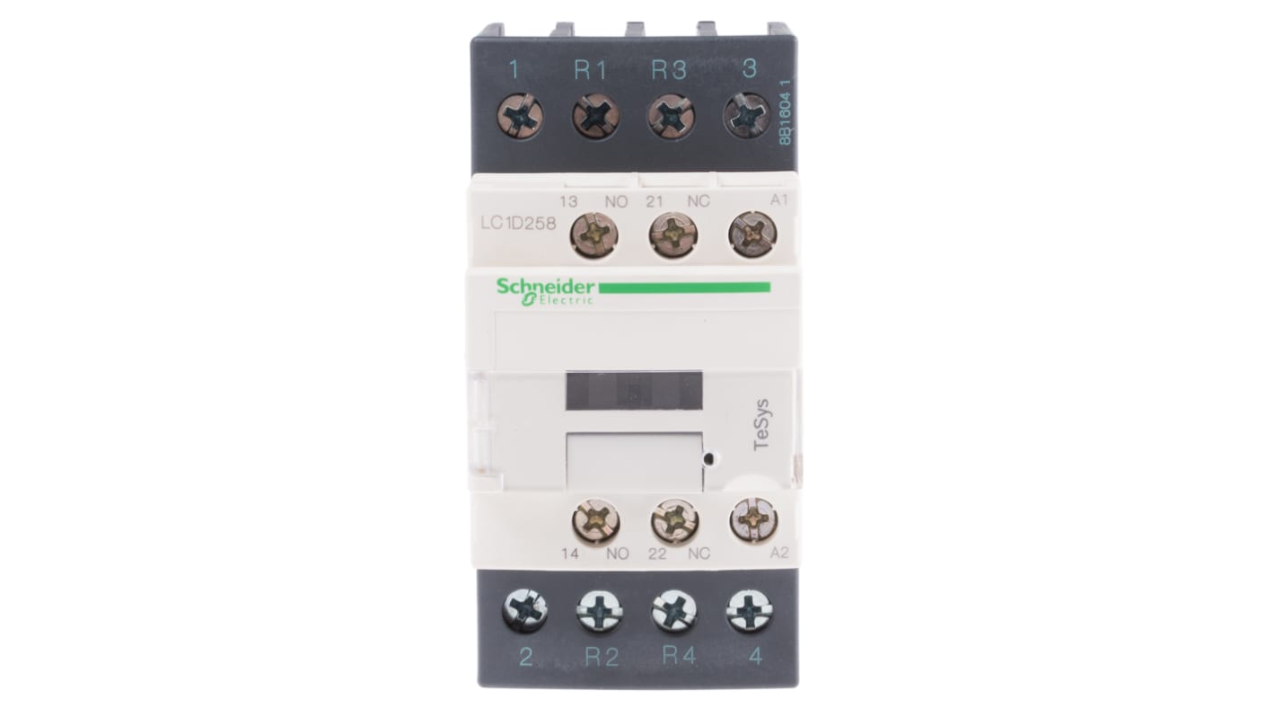 Contattore Schneider Electric LC1D258U7, 4 poli, 2 NO + 2 NC, 40 A, montaggio su guida DIN, dimensioni 45x105x99 mm.