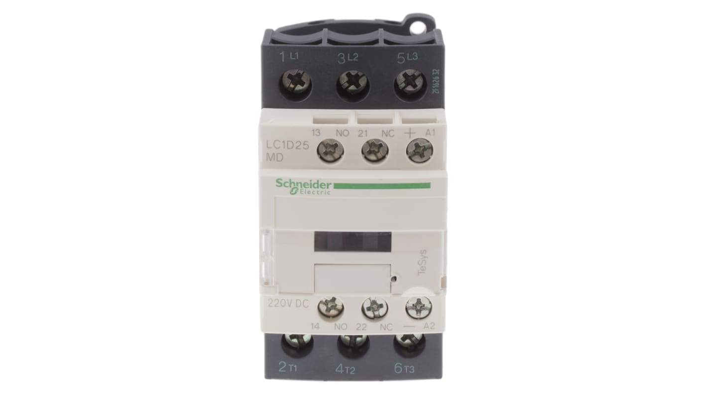 Contattore Schneider Electric LC1D25MD, 3 poli, 25 A, bobina 230 V cc, dimensioni 45 mm x 85 mm x 101 mm, montaggio frontale.