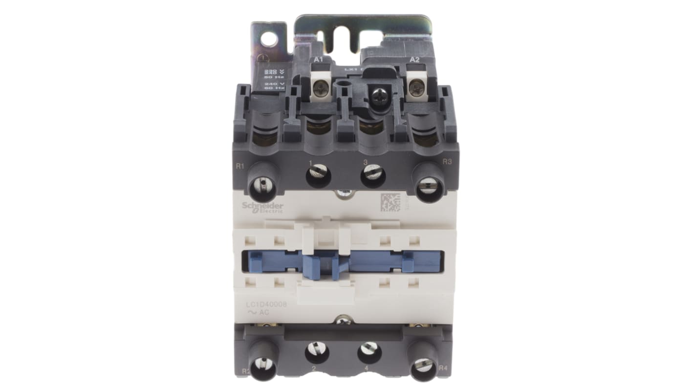 Contattore Schneider Electric LC1D40008U7, 4 poli, 60 A, 230 V, montaggio a pannello, dimensioni 127x85x125 mm.