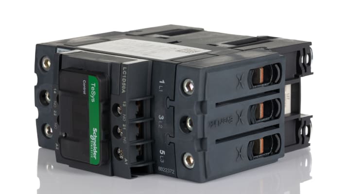 Contattore Schneider Electric LC1D50AU7, 3 poli, corrente 50 A, tensione 230 V, montaggio su guida DIN, dimensioni 122 x 55 x 120 mm.