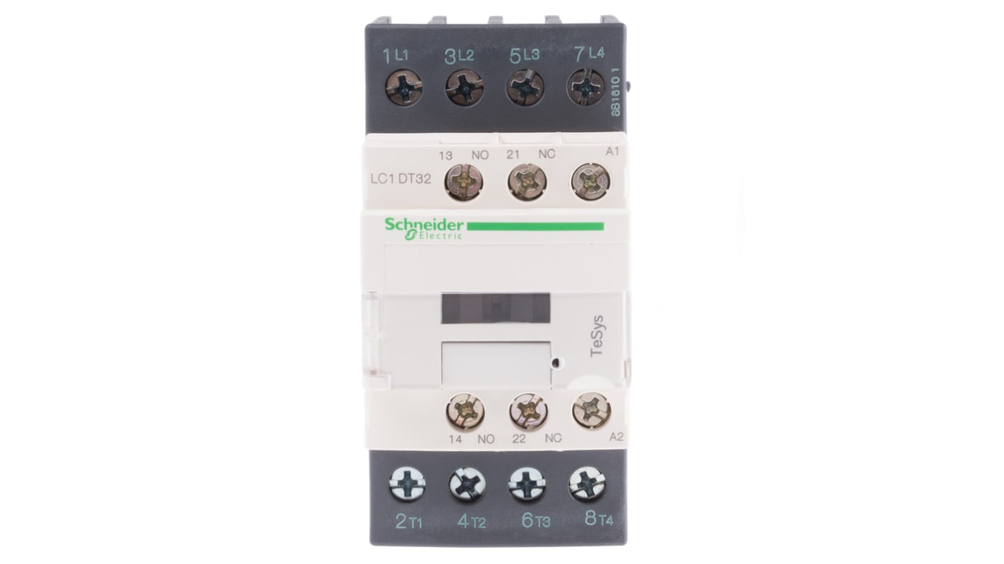 Contattore Schneider Electric LC1DT32M7, 4 poli, 32 A, bobina 220 V c.a., montaggio su guida DIN, dimensioni 45 mm x 91 mm x 99 mm.