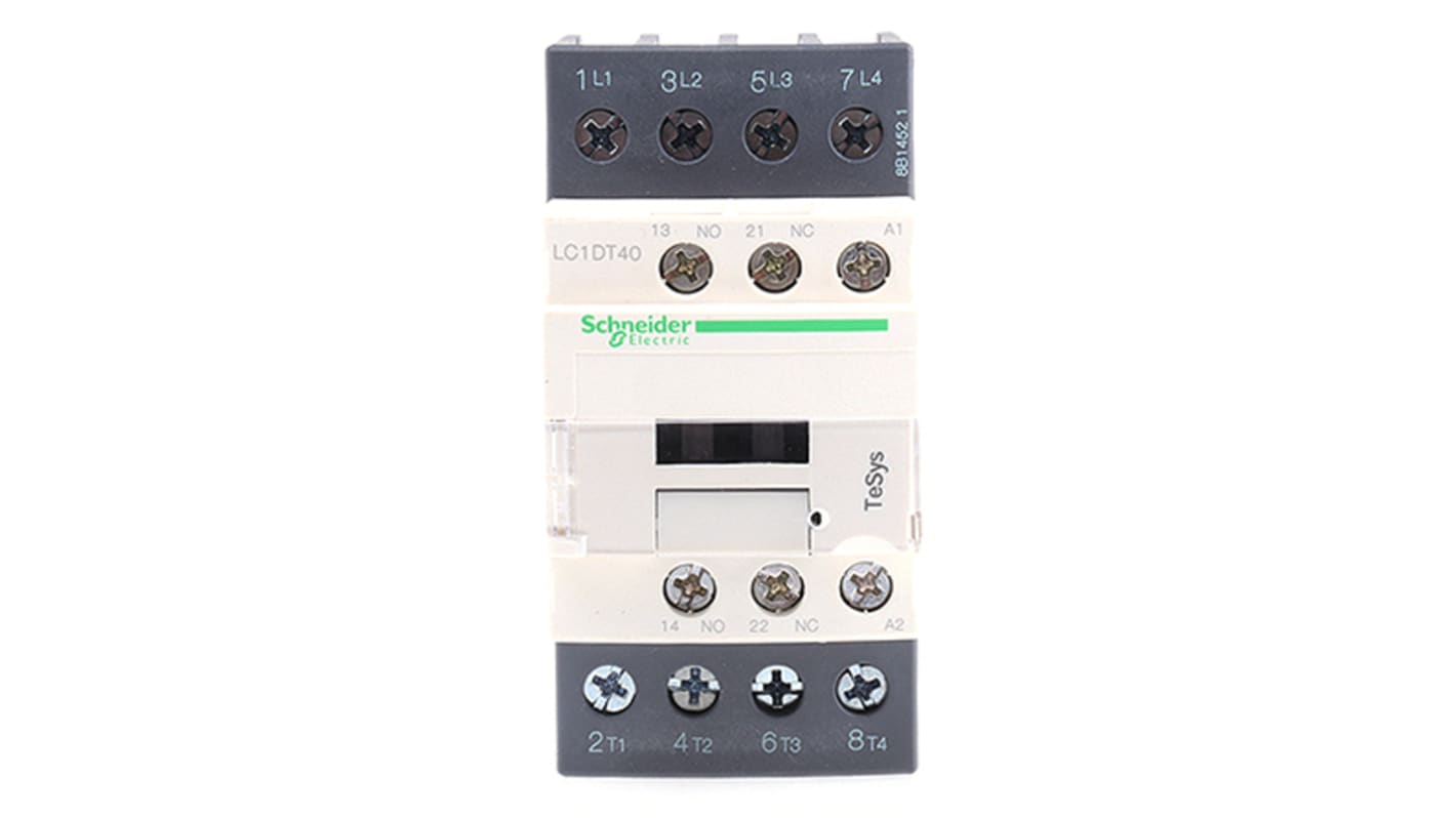 Contattore Schneider Electric LC1DT40M7, 4 poli, 40 A, bobina 220 V, montaggio su guida DIN, dimensioni 45x91x99 mm.