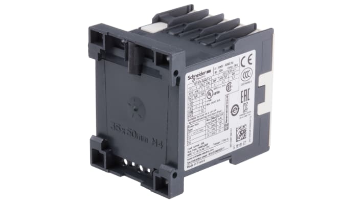 Contattore Schneider Electric LC1K1201E7, 3 poli, 12 A, bobina 48 V c.a., dimensioni 45x58x57 mm, con 1 contatto NC.