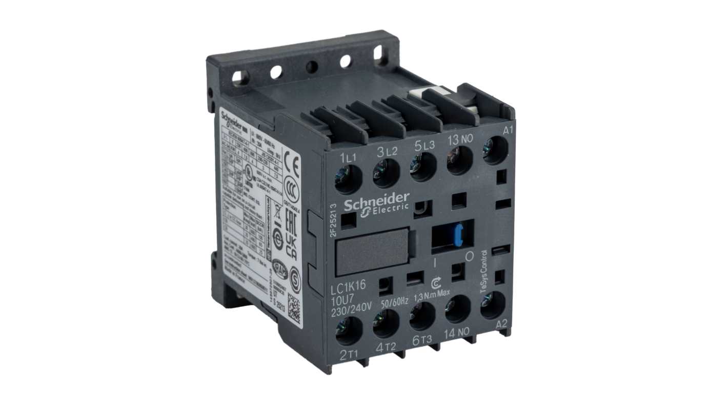 Contattore Schneider Electric LC1K1610U7, 3 poli, 16 A, bobina 230 V, dimensioni 58x45x57 mm, terminale a vite.