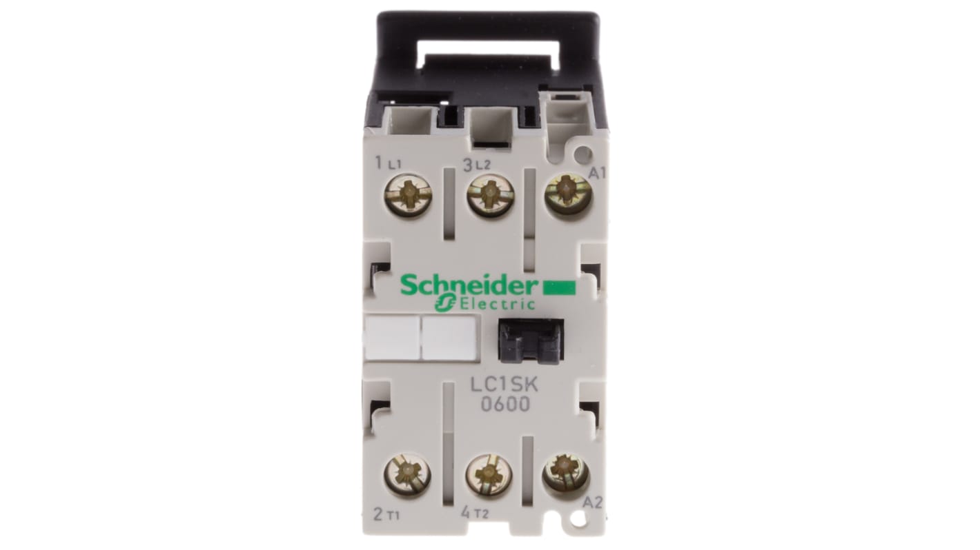 Contattore Schneider Electric LC1SK0600B7, 2 poli, 2 NA, 6 A, bobina 24 V c.a., montaggio su guida DIN, dimensioni 27x56x55.5 mm.