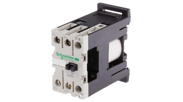 Contattore Schneider Electric LC1SK0600B7, 2 poli, 2 NA, 6 A, bobina 24 V c.a., montaggio su guida DIN, dimensioni 27x56x55.5 mm.