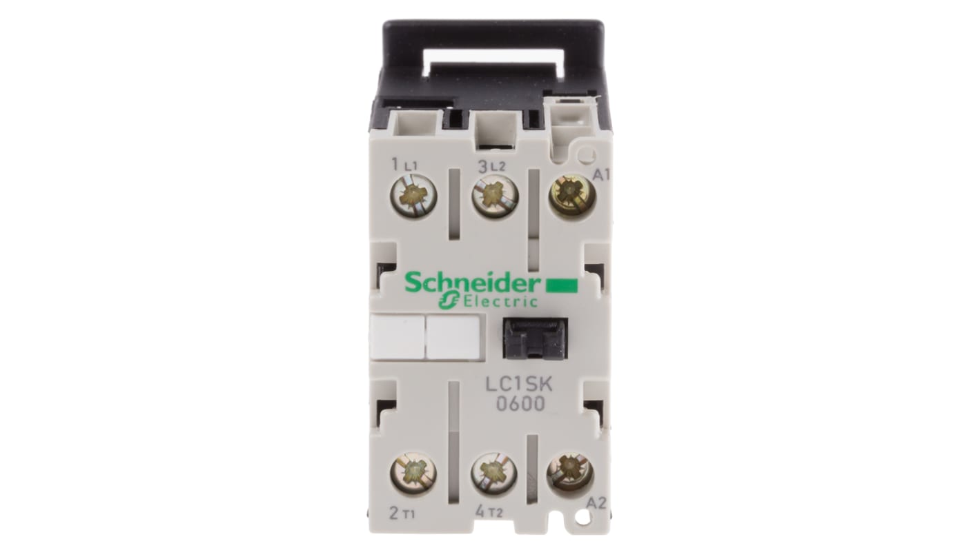 Contattore Schneider Electric LC1SK0600E7, 2 poli, 2 NA, 6 A, bobina 48 V c.a., montaggio a pannello, dimensioni 56x27x55.5 mm.
