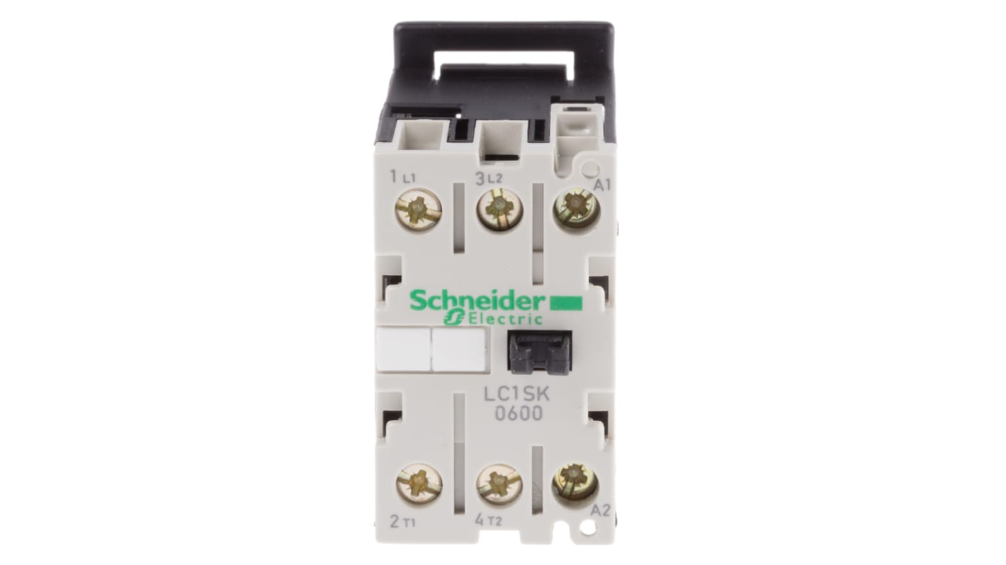 Contattore Schneider Electric LC1SK0600U7, 2 poli, 2 NA, corrente 6 A, montaggio su guida DIN, dimensioni 27x56x55.5 mm.