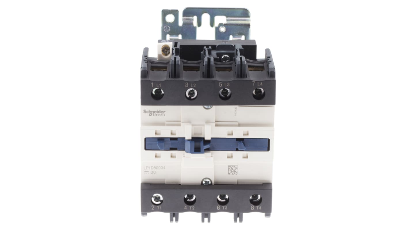 Contattore Schneider Electric LP1D80004BW, 4 poli, 125 A, bobina 24 V c.c., montaggio a pannello, dimensioni 127 x 96 x 125 mm.