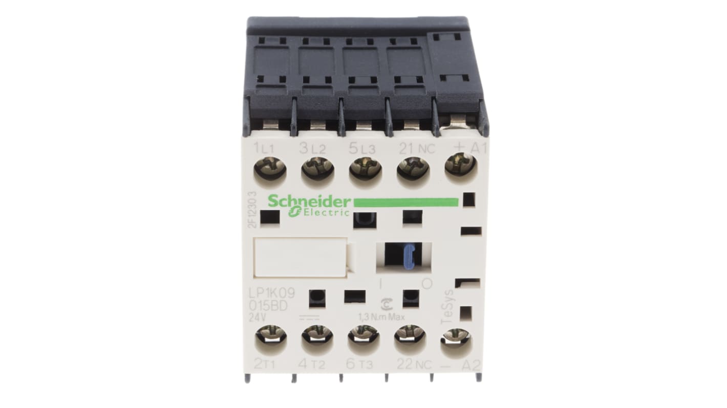 Contattore Schneider Electric LP1K09015BD, 3 poli, 3 NA, 9 A, bobina 24 V dc, dimensioni 45x58x57 mm.