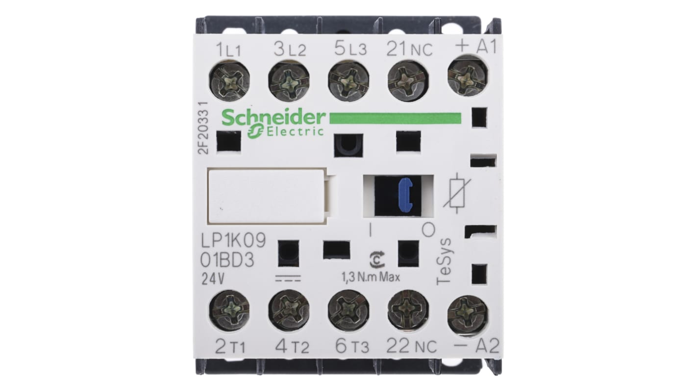 Contattore Schneider Electric LP1K0901BD3, 3 poli, 9 A, 24 V dc, IP20, dimensioni 45x58x57 mm, peso 235 g.