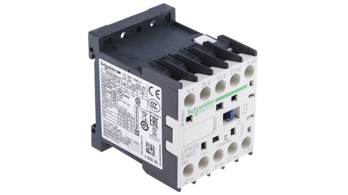Contattore Schneider Electric LP1K0901BD3, 3 poli, 9 A, 24 V dc, IP20, dimensioni 45x58x57 mm, peso 235 g.