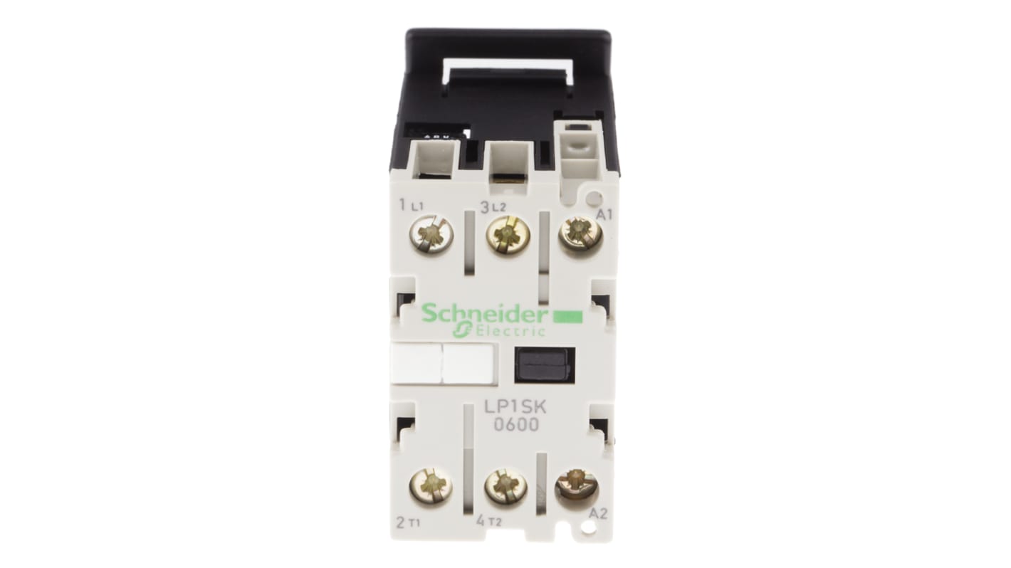 Contattore Schneider Electric LP1SK0600ED, 2 poli, 12 A, bobina 48 V c.c., montaggio su guida DIN, dimensioni 27 mm x 56 mm x 55.5 mm.
