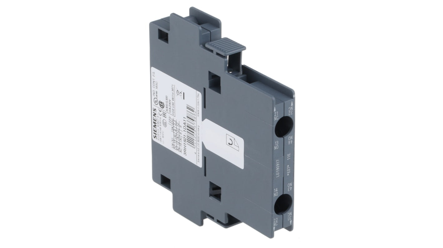 Blocco interruttore ausiliario Siemens 3RH1921-1DA11, contatti NA/NC, montaggio anteriore, dimensioni 10 x 80 x 71 mm.