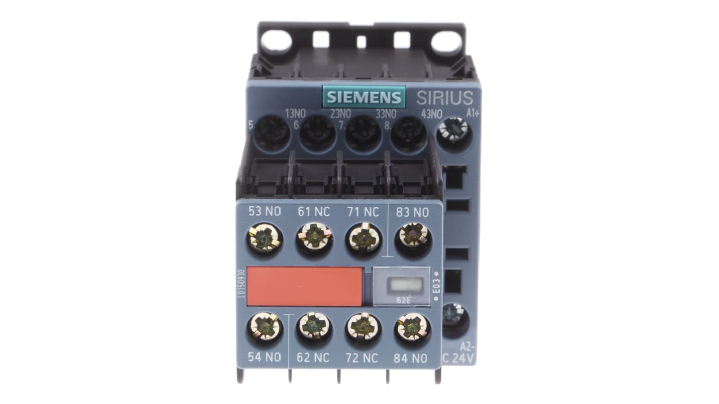 Contattore Siemens 3RH2262-1BB40, 6NO + 2NC, 10 A, bobina 24 V c.c., montaggio su guida DIN, dimensioni 57,5 x 45 x 116 mm.