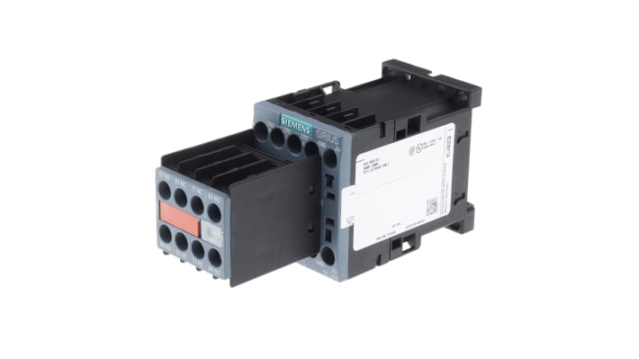 Contattore Siemens 3RH2262-1BB40, 6NO + 2NC, 10 A, bobina 24 V c.c., montaggio su guida DIN, dimensioni 57,5 x 45 x 116 mm.