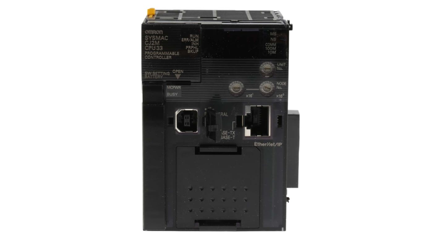 Controllore logico programmabile Omron CJ2M-CPU33, dimensioni 84,5 x 62 x 90 mm, supporto USB ed Ethernet.