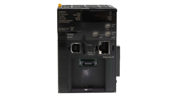 Controllore logico programmabile Omron CJ2M-CPU33, dimensioni 84,5 x 62 x 90 mm, supporto USB ed Ethernet.