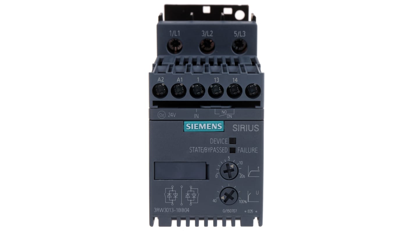 Avviatore soft-start Siemens 3RW3013-1BB04, 3 fasi, 1,5 kW, montaggio a pannello, dimensioni 95x45x151 mm, grado di protezione IP20.