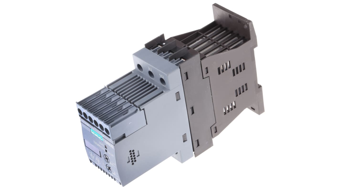 Avviatore soft-start Siemens 3RW3014-1BB14, 3 fasi, 3 kW, montaggio su guida DIN, dimensioni 151x45x95 mm.
