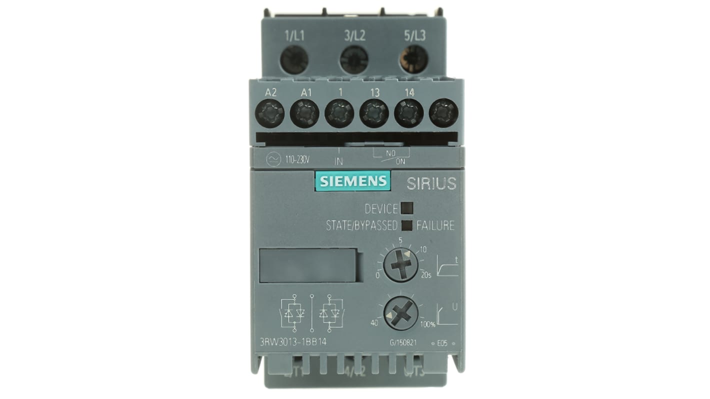 Avviatore soft-start Siemens 3RW3013-1BB14, 3 fasi, 1,5 kW, montaggio su guida DIN, dimensioni 45 x 95 x 150 mm.
