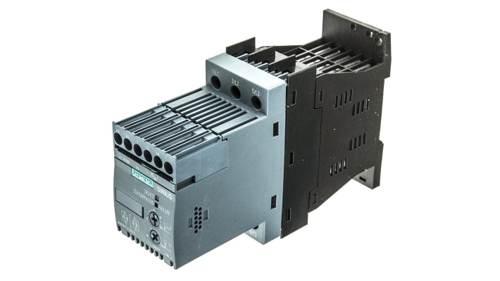 Avviatore soft-start Siemens 3RW3013-1BB14, 3 fasi, 1,5 kW, montaggio su guida DIN, dimensioni 45 x 95 x 150 mm.