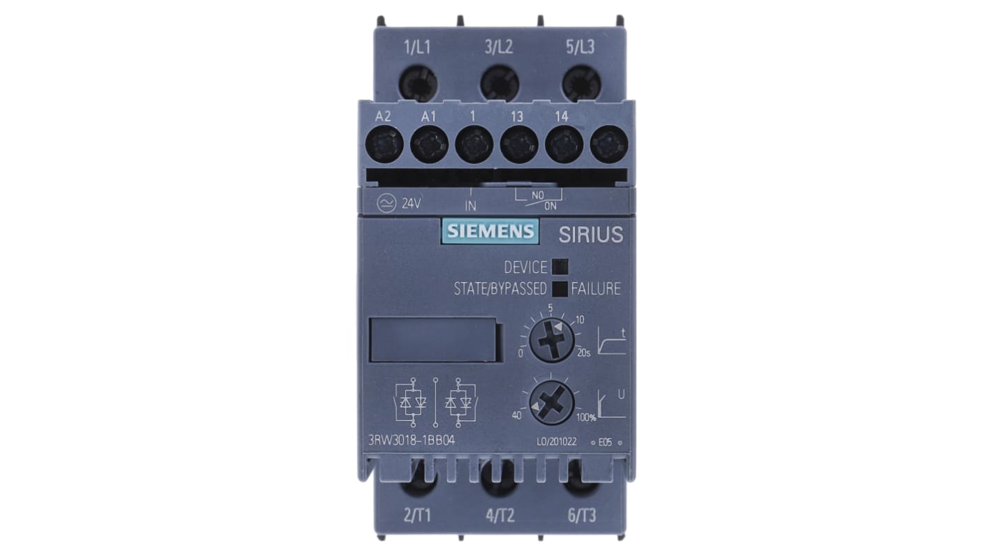 Avviatore soft-start Siemens 3RW3018-1BB04, 7,5 kW, 400 V, trifase, montaggio su guida DIN, dimensioni 151x45x95 mm.