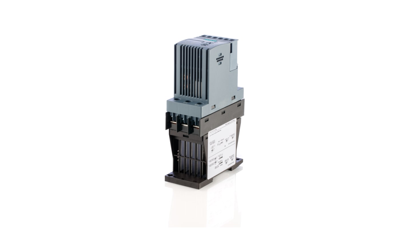 Avviatore soft-start trifase Siemens 3RW3018-1BB14, potenza 7,5 kW, montaggio su guida DIN, dimensioni 151x45x95 mm.