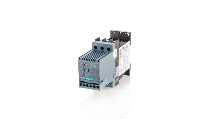 Avviatore soft-start trifase Siemens 3RW3018-1BB14, potenza 7,5 kW, montaggio su guida DIN, dimensioni 151x45x95 mm.
