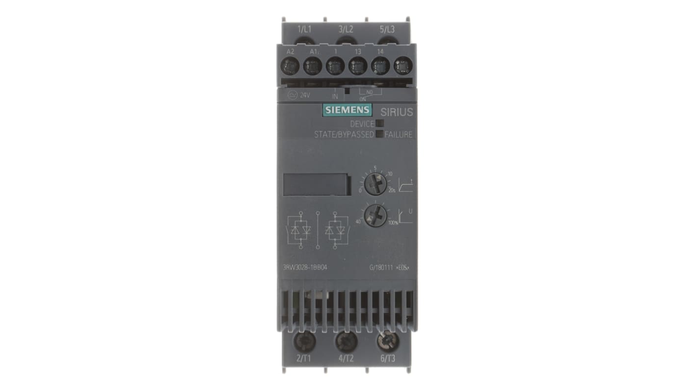 Avviatore soft-start Siemens 3RW3028-1BB04, 3 fasi, 18,5 kW, IP20, montaggio a vite, dimensioni 45 x 125 x 151 mm.
