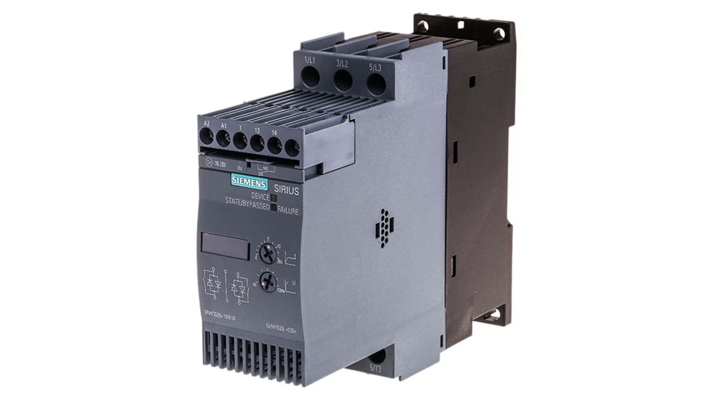 Avviatore soft-start Siemens 3RW3026-1BB14, 11 kW, 25 A, montaggio a vite, dimensioni 151x45x125 mm, IP20, con display LED.