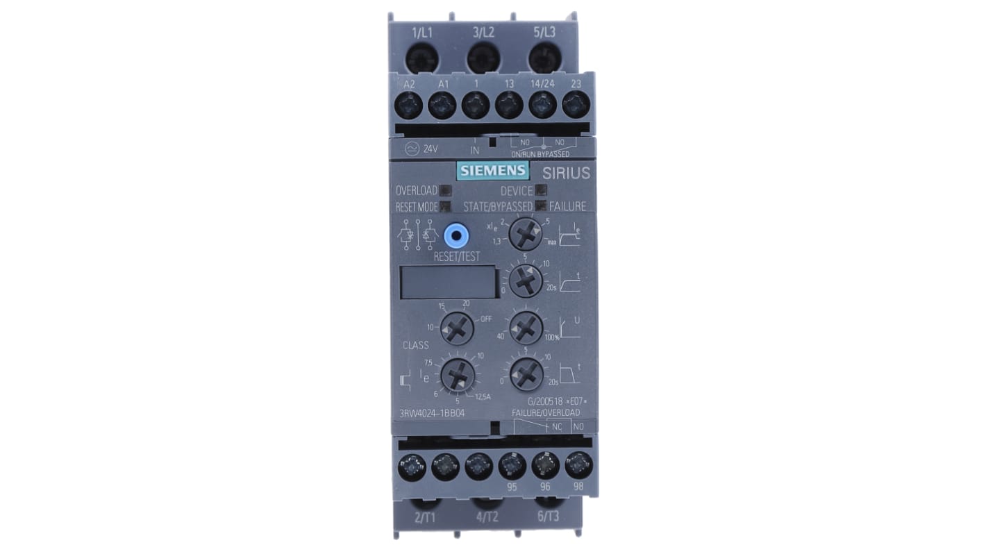 Avviatore soft-start Siemens 3RW4024-1BB04, 3 fasi, 5,5 kW, 400 V, IP20, dimensioni 45 x 125 x 154 mm, protezione sovraccarico.