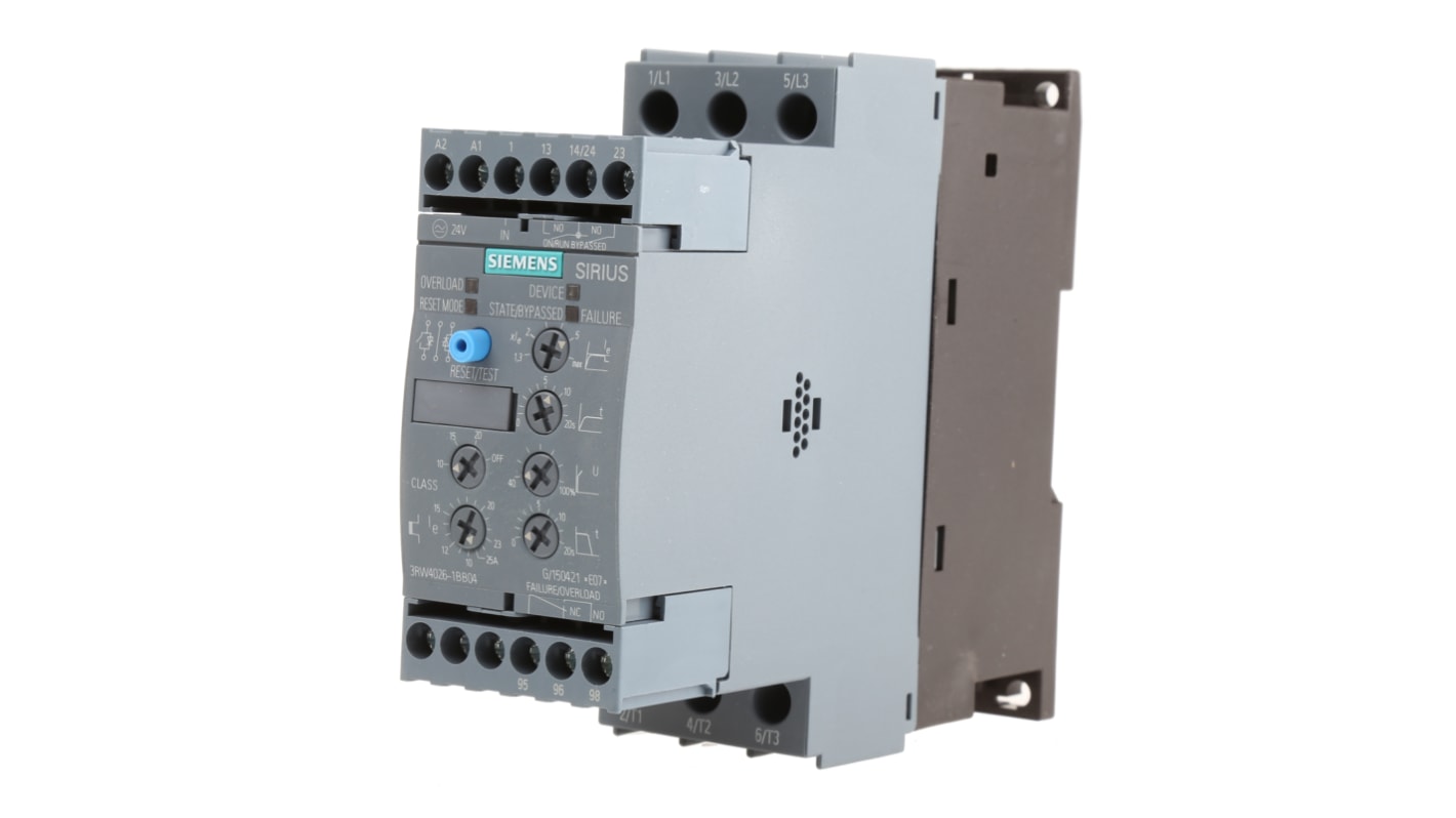 Avviatore soft-start Siemens 3RW4026-1BB04, 11 kW, 25 A, montaggio a pannello, dimensioni 154 x 45 x 125 mm, IP20.