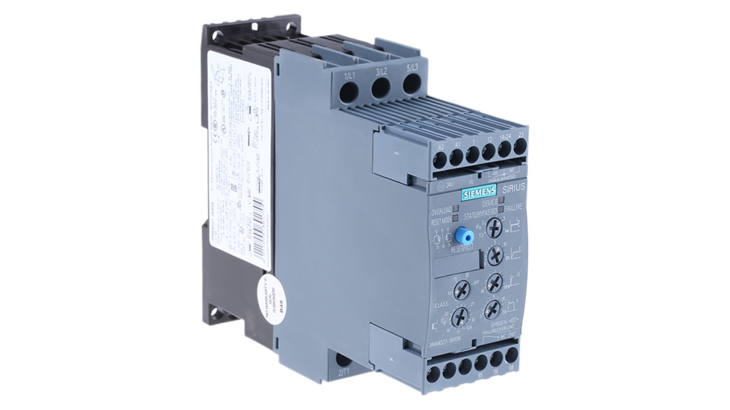 Avviatore soft-start Siemens 3RW4027-1BB04, 3 fasi, 15 kW, 32 A, IP20, dimensioni 45x154x125 mm.