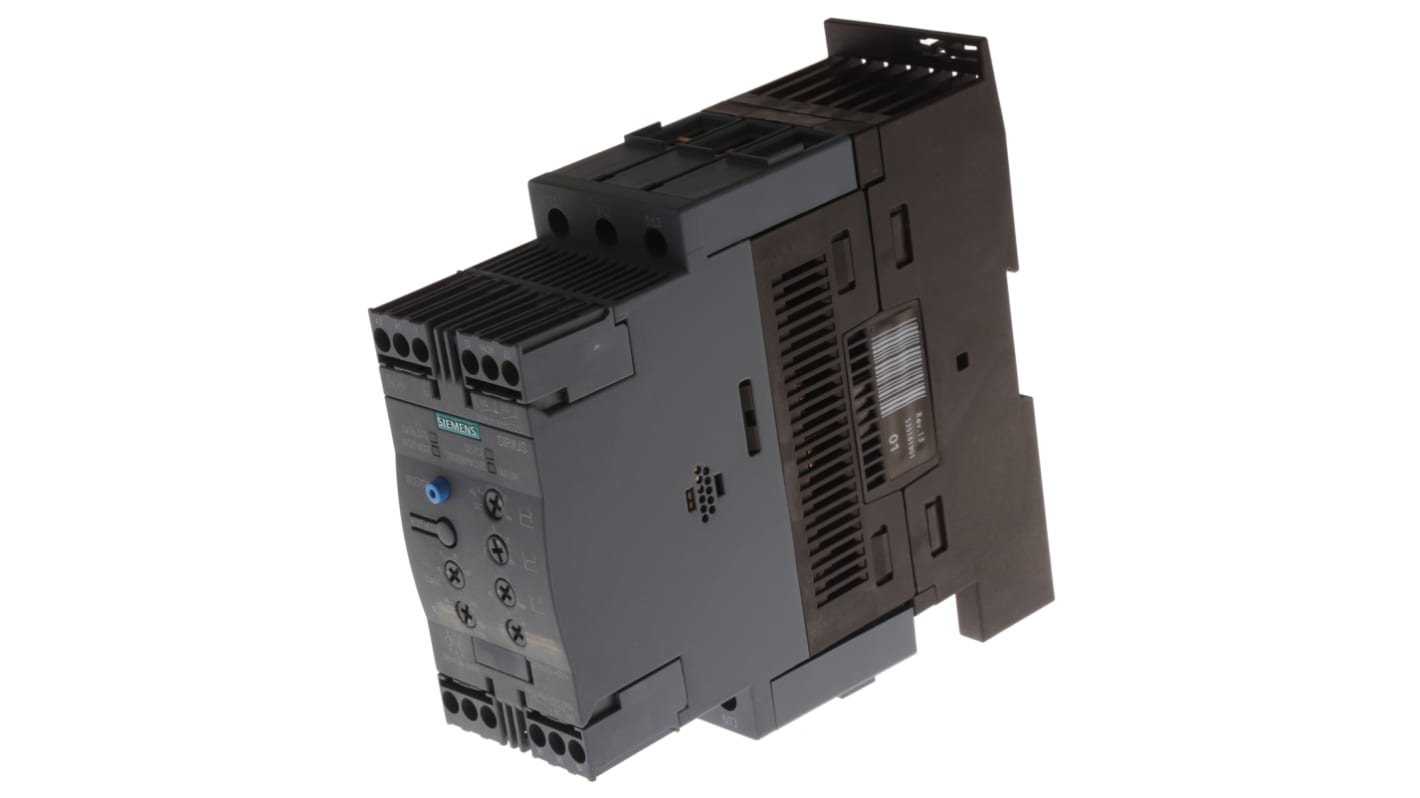 Avviatore soft-start Siemens 3RW4036-1BB04, 22 kW, 45 A, 3 fasi, IP20, montaggio su guida DIN, dimensioni 170x55x170 mm.