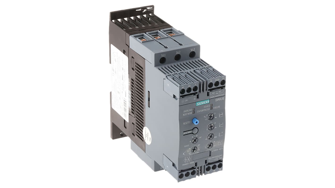 Avviatore soft-start Siemens 3RW4037-1BB04 per motori trifase, potenza 30 kW, corrente 63 A, dimensioni 170x55x170 mm.