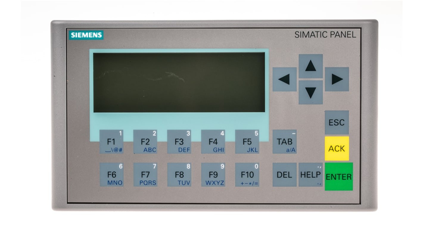 Pannello HMI Siemens 6AV6647-0AH11-3AX1, 3" FSTN, risoluzione 240x80, IP65, interfaccia PROFINET, dimensioni 97x165x30 mm.