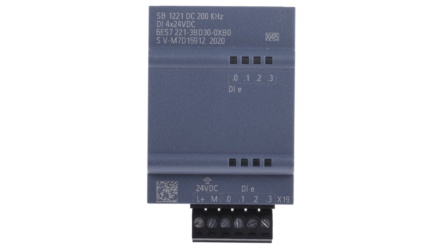 Modulo di espansione PLC Siemens 6ES7221-3BD30-0XB0, digitale, 4 ingressi, 24 V, dimensioni 62 x 38 x 21 mm.