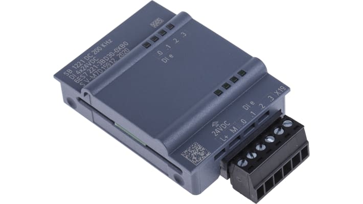 Modulo di espansione PLC Siemens 6ES7221-3BD30-0XB0, digitale, 4 ingressi, 24 V, dimensioni 62 x 38 x 21 mm.