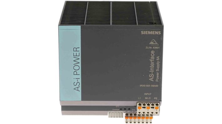 Alimentatore PLC Siemens 3RX9503-0BA00, 30 V CC, 8 A, montaggio su guida DIN, dimensioni 125 x 120 x 125 mm.