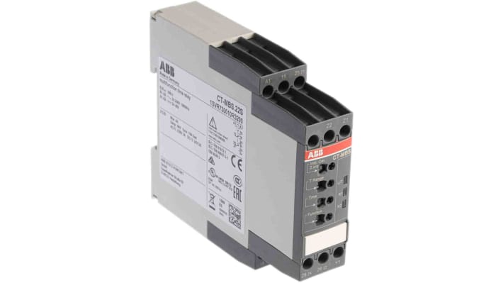 Relè temporizzato ABB CT-MBS.22S, alimentazione 24-48 V CC, gamma 0,05 s - 300 h, montaggio su guida DIN, -25°C a +60°C.