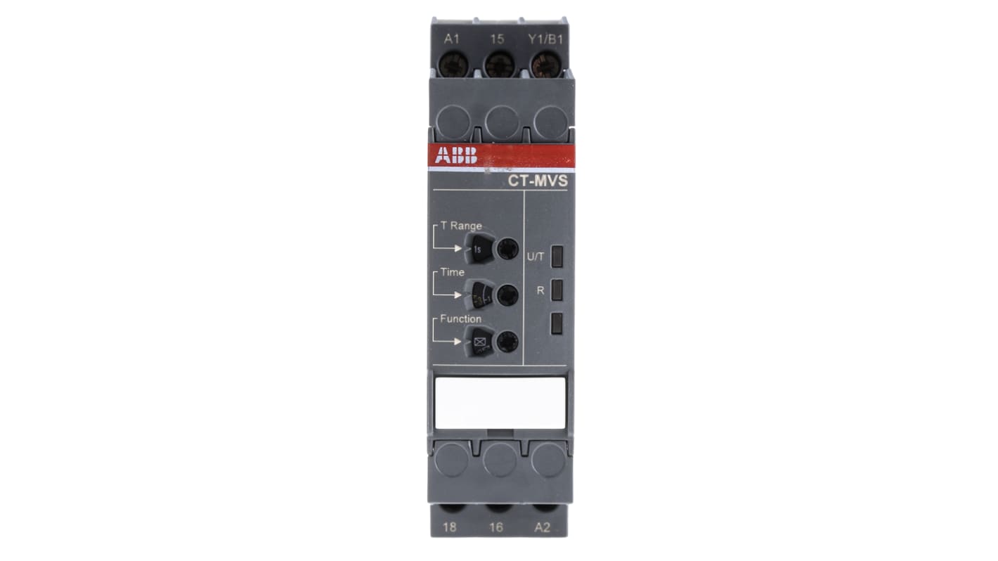 Relè temporizzato multifunzione ABB 1SVR730020R3100, 22,5 mm di larghezza, montaggio su guida DIN, 10 intervalli da 0,05 s a 300 ore.