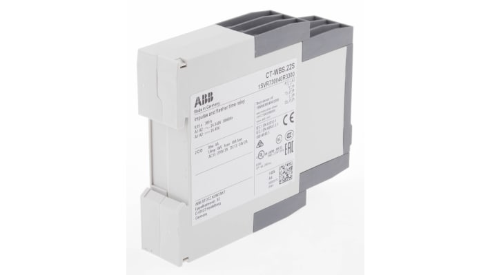Relè temporizzato ABB CT-WBS.22S, DPDT, montaggio su guida DIN, tensione 24-240 V AC, intervallo 0,05 s a 300 h.