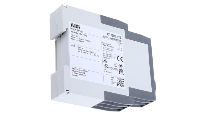 Relè temporizzato ABB CT-ERS.12S, 24-240 V ca, 10 intervalli da 0,05 s a 300 h, montaggio su guida DIN, larghezza 22,5 mm.