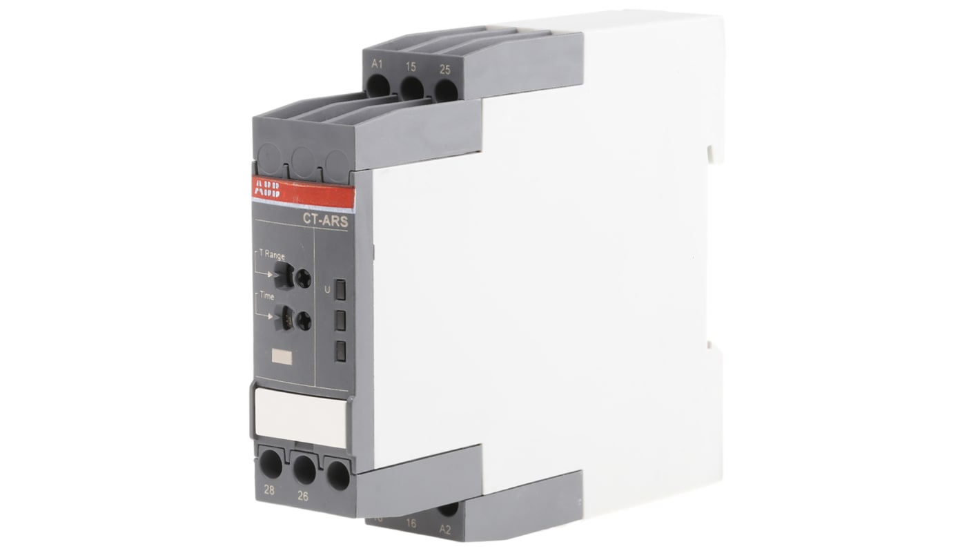 ABB Timer Relay DPDT per guida DIN, intervallo 0.05 s a 10 min, 24-240V, 4A, dimensioni 22.5 x 113.4 x 85.6 mm.