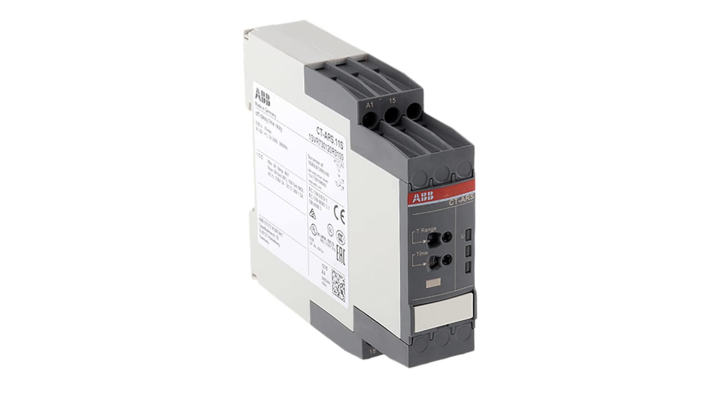 Relè temporizzato ABB CT-ARS.11S SPDT, montaggio su guida DIN, 22,5 mm, intervallo 0,05 s a 10 min, 24-240 V.