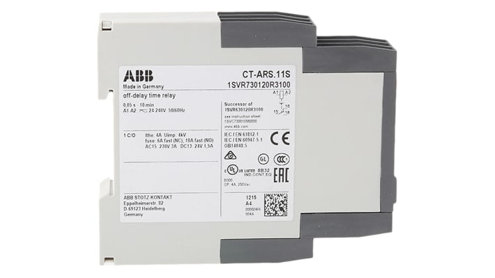 Relè temporizzato ABB CT-ARS.11S SPDT, montaggio su guida DIN, 22,5 mm, intervallo 0,05 s a 10 min, 24-240 V.