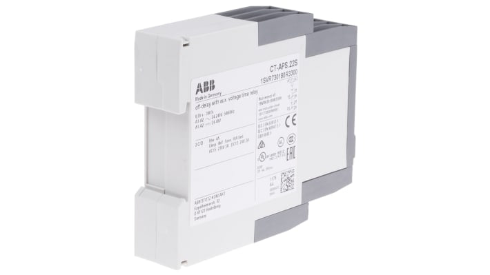 Relè temporizzato ABB CT-APS.22S DPDT, montaggio su guida DIN, tensione 24-240 V AC, intervallo 0,05 s a 300 h.