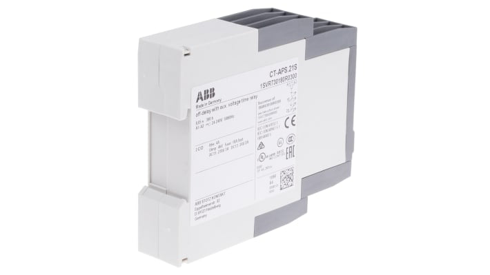 ABB Relè temporizzato DPDT CT-APS.21S, montaggio su guida DIN, tensione 24-240 V, intervallo 0,05 s a 300 h, larghezza 22,5 mm.